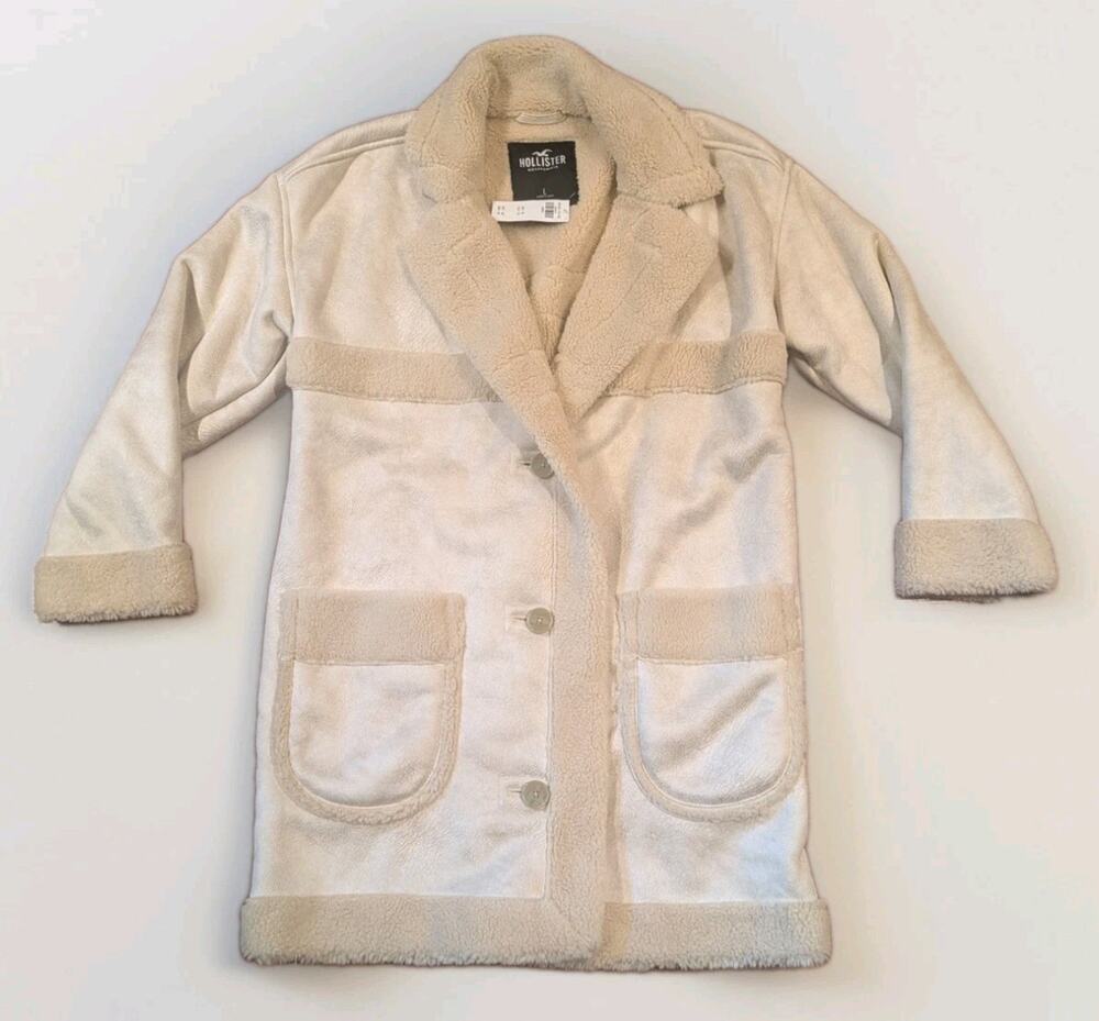 Hollister Women L Faux Suede Sherpa Coat NWT Cream Long Shearling Look Jacket